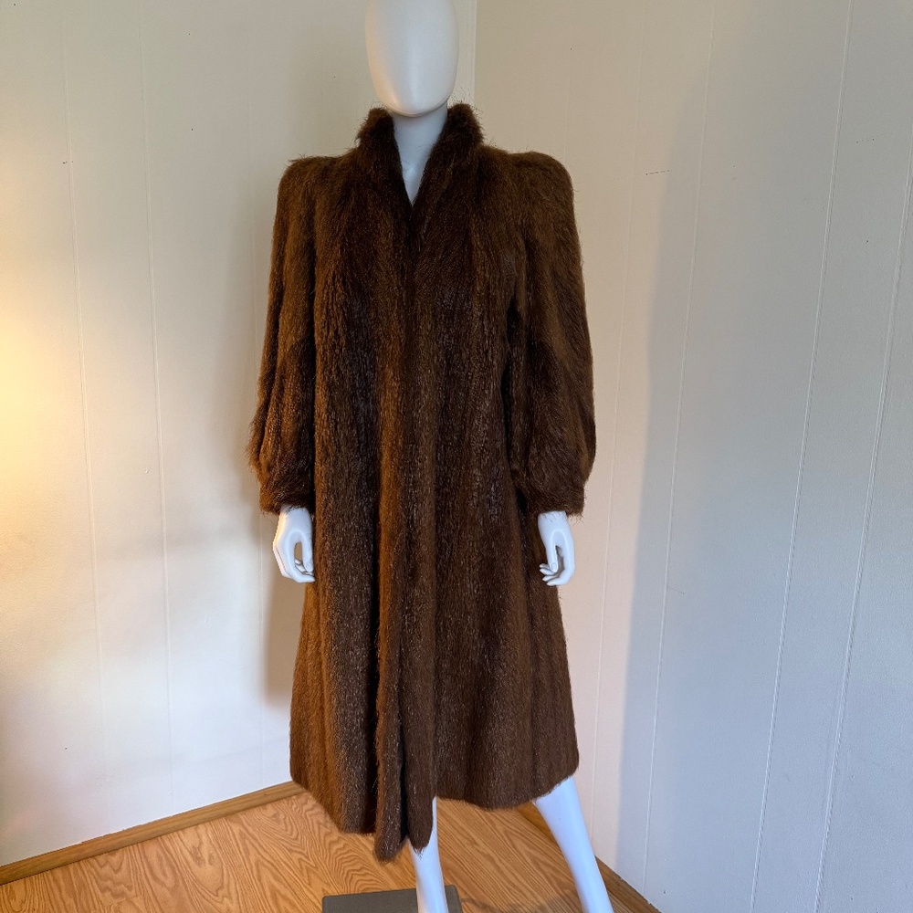 1980 Beaver Fur Coat, Structured Shoulders, Balloon Sleeves, Striking Color